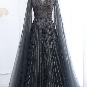 Gray Pleated V-Neck Long Sleeve Gown for Prom